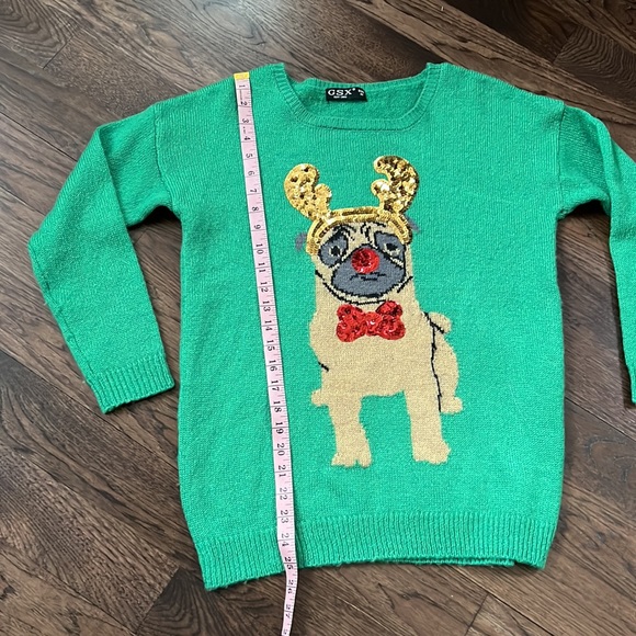 GSX Sequined “Reindeer” Pug Kelly Green Christmas sweater - Picture 5 of 11